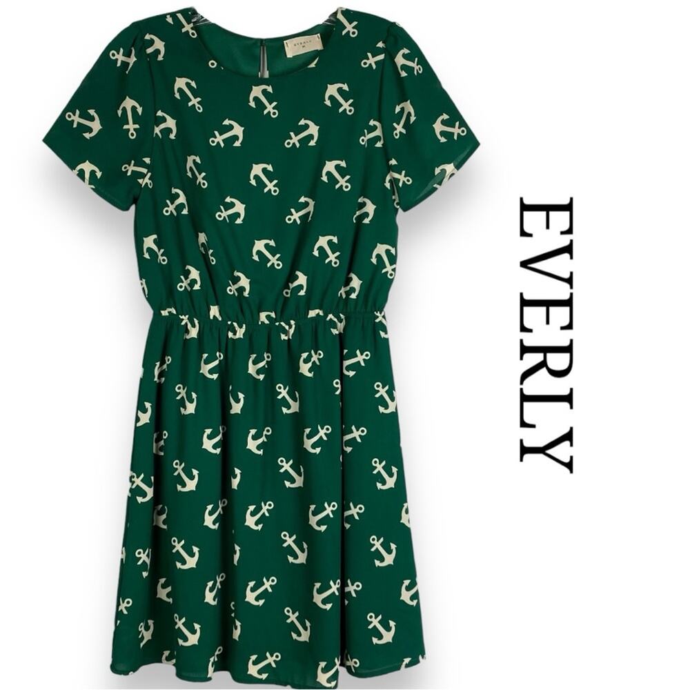 Everly Anchor Dress Green Elastic Waist Women’s Size Small